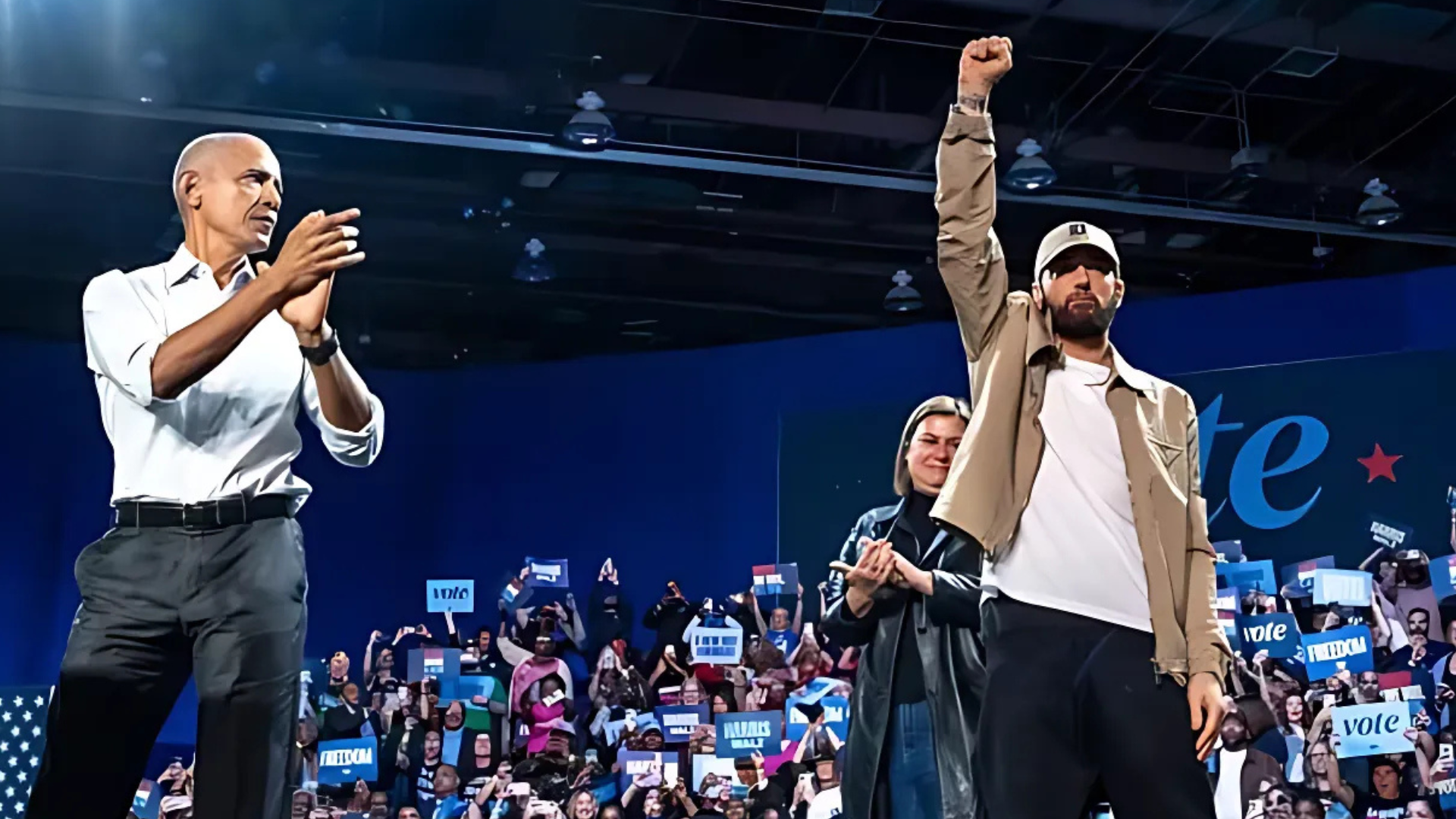 Barack Obama Raps ‘Lose Yourself’ After Eminem Introduces Him At Kamala Harris Rally In Detroit.